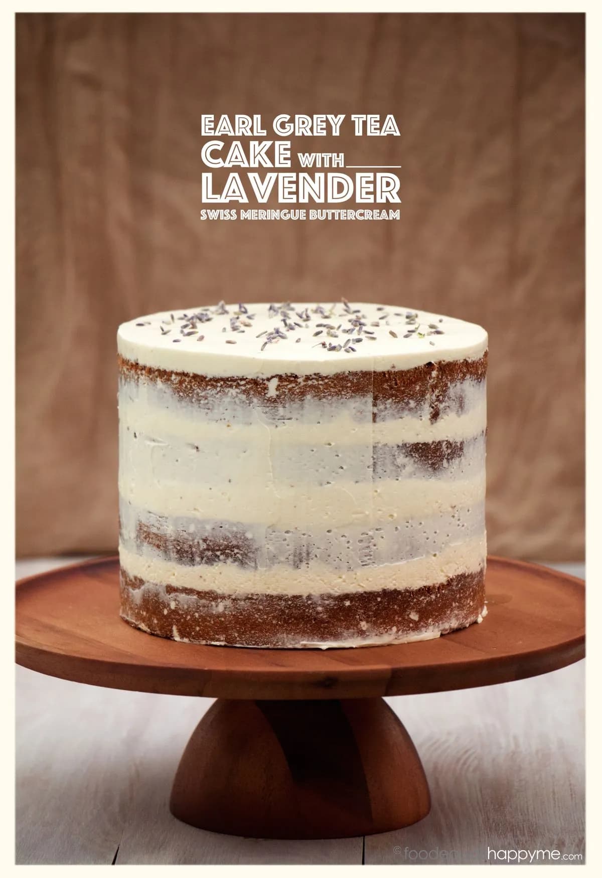 Semi-naked Earl Grey tea cake with lavender Swiss meringue buttercream and fresh lavender sprigs